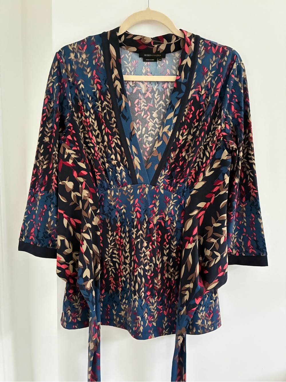 BCBGMaxAzria Navy Floral Wrap Blouse with Pink and Beige Leaves